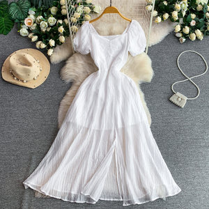 <span class=keywords><strong>Vestido</strong></span> de verano para mujer con cuello <span class=keywords><strong>cuadrado</strong></span>, mangas abullonadas, plisado y abertura en la cintura - Product Image 6