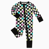 Barboteuses bio pour bébé Combinaison en bambou Pyjama avec fermeture éclair Motif damier personnalisé Barboteuse en bambou Vêtements pour bébé Combinaison grenouillère pour bébé