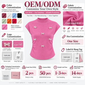 Maglione Corto Estivo da Donna con Fiocco di Perle Coreano, Maniche Corte, Arricciatura Laterale, Orlo Curvo, Vestibilità Slim, Lavorato a <span class=keywords><strong>Maglia</strong></span> - OEM/ODM All'ingrosso - Product Image 5