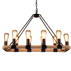 Bulat Pedesaan Retro Rami Tali Lampu Gantung Retro Gaya Industrial Loft Besi Tempa Droplight Lampu