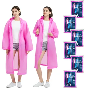 Kualitas tinggi cetak Logo mudah terurai paket jas hujan merah muda jaket tahan air dapat digunakan kembali mantel hujan ponco