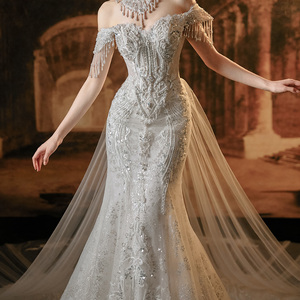 Robe de mariée sirène sexy dos nu avec corset à franges, appliques florales en cristal, traîne de cour longue pour femme (modèle LSMX011) - Product Image 5