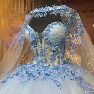 Mumuleo Sky Blue prenses quincedress elbise 2024 balo Cape aplikler dantel tatlı 16 elbise ile çiçekler resmi durum kıyafeti