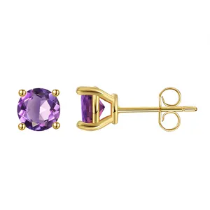 RINNTIN GME33 Daily Gold Plated 925 Sterling Silver Round Cut Genuine Amethyst Stud Earrings for Women