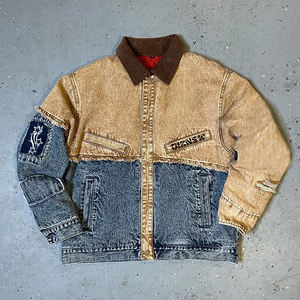 डिज़्न्यू 2025 डेनिम जीन जैकेट निर्माता विशिष्ट टू-टोन पैचवर्क डेनिम जैकेट के साथ कच्चा-एज सीम विवरण के साथ - Product Image 1