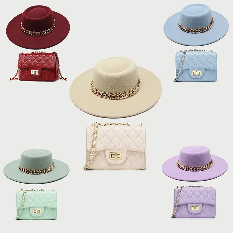 2022 새로운 디자인 배열 뜨거운 판매 사용자 정의 로고 가방 도매 귀여운 핸드백 여성 럭셔리 재즈 양산 모자와 지갑 세트