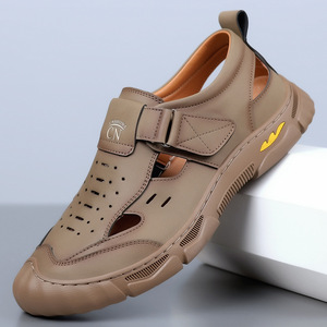 New Arrival Men's Hook and Loop Closed Toe Leather <b>Sandals</b> Hand Sewn Hollow Breathable Casual Summer <b>Sandals</b> - Product Image 3