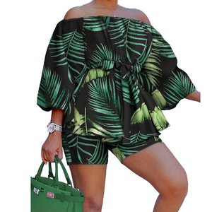 Ensemble imprimé tie-dye coloré de grande taille pour femmes, taille ample, manches chauve-souris, épaules dénudées, ensemble <span class=keywords><strong>short</strong></span> serré, ensemble deux pièces - Product Image 4
