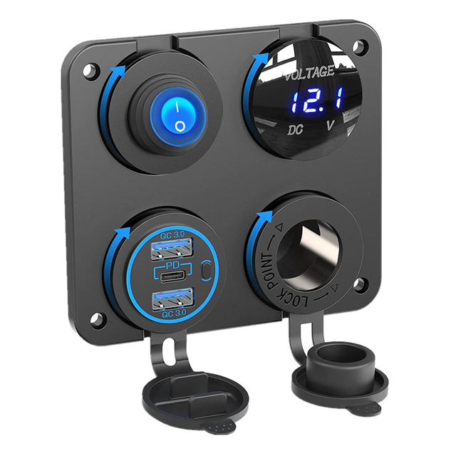 4 in 1 DC Power 12V Outlet Panel 56W Multi USB Fast Charger Cigarette Lighter Socket With LED Voltmeter Rocker Toggle Switch