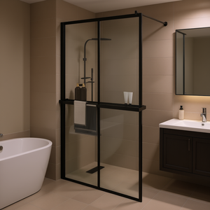 Porte de douche noire à passage libre 46,5x74,8 pouces, verre ESG, cadre en aluminium avec étagère, design coulissant, cabine de douche rectangulaire - Product Image 2