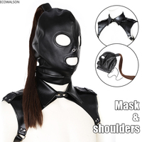 Masque de fête en cuir PU sexy à capuche unisexe en latex, accessoire d'Halloween pour hommes et femmes, cosplay, flirt, queue de cheval, ceinture de poitrine, couvre-chef