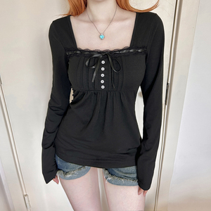 Women's Breathable Autumn Solid Color T-shirt Ruffle <b>Tie</b>-Up Vintage Sweet Square Neck Slim Fit Long Sleeve Blouse - Product Image 1