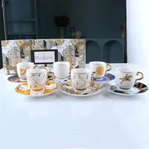 Lot de 6 tasses de luxe en céramique, tasse irrégulière dorée avec poignée dorée, porcelaine chinoise, mariage, tasse à café et à thé turque, ensemble de soucoupes