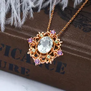 Antique Multi Stone Design Oval 925 Sterling Silver Amethyst Green Peridot Rose Gold Pendant Necklace For Women