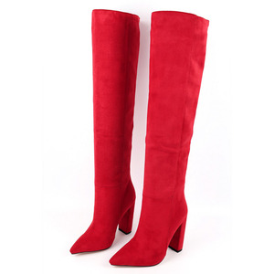 Bottes pour femmes en daim massif à talon épais, rouges, à talon haut, cuissardes, à enfiler, avec fourrure courte, pour l'hiver, au-dessus du genou - Product Image 3