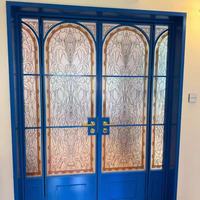 Porte latérale en alliage d'aluminium à ouverture latérale, en verre artistique émaillé moderne français, pour cuisine, balcon, cour intérieure, avec glaçure colorée
