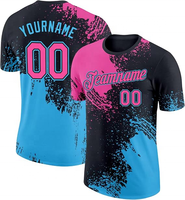 Maillot de baseball à manches courtes personnalisé avec impression numérique, bleu, rose, noir, imprimé effet éclaboussures, nom, numéro, logo, respirant, séchage rapide, pour hommes