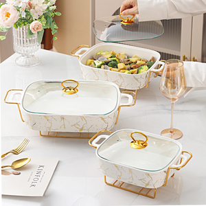 Olla Rectangular de Cerámica para Calentar Alimentos, Vajilla, Calentador de Alimentos Secos de Cerámica para Hotel, Olla para Sopa con Soporte Dorado - Product Image 6