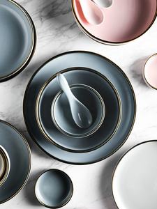 Plato redondo mate de cerámica al por mayor de estilo nórdico con logotipo personalizado de 7/8/9/10 pulgadas con borde dorado en el interior para restaurante - Product Image 2