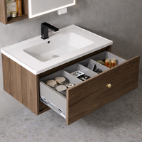 Meuble-lavabo de salle de bain moderne avec armoire miroir, étagères de présentation, tiroirs de rangement à fermeture douce, robinet contemporain et miroir inclus