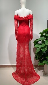 OEM personalizzato abito di pizzo rosso per le donne Sexy taglio basso di alta Modulare elegante da sera di nozze guanti stile alla moda <span class=keywords><strong>impero</strong></span> - Product Image 4