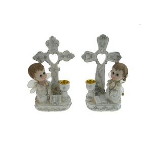 Poly Resin <strong>Angel</strong> Figurine With Cross Backdrop and <strong>Candle</strong> <strong>Holder</strong> - Product Image 1