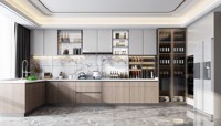 Set Dapur Modern Lengkap dari Baja Anti Karat dengan Backsplash Resin Laminasi, Kabinet Marmer, Keran, Engsel, Wastafel, Prefabrikasi untuk Apartemen