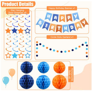 Guirlandes d'anniversaire orange et bleues, étoiles, spirales, serpentins, cercles, points, guirlande en papier, boule en nid d'abeille pour la décoration de fête d'anniversaire d'enfants - Product Image 5