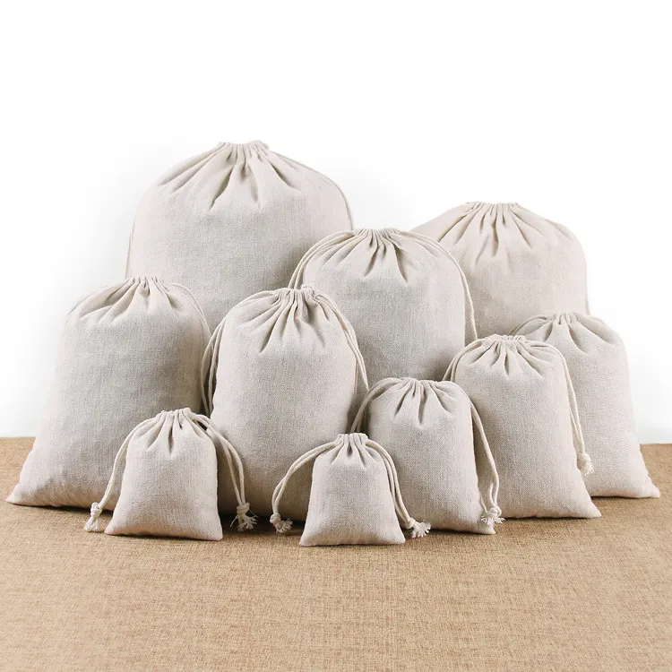 Bolsa de regalo de yute con cordón de algodón y lino reutilizable personalizada respetuosa con el medio ambiente