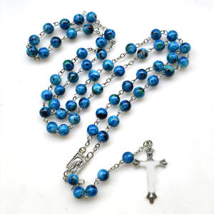Rosario de Cristal Azul Católico con Cuentas de Cristal, Chapado en Rodio, Cruz de Jesús, María, para Mujer, Imitación - Product Image 5