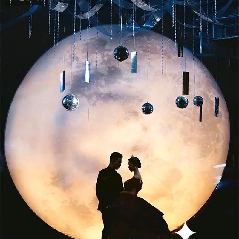 Adereços e enfeites de casamento brilham caixa de luz de superfície de lua para palco de casamento, câmera sonho luz de fundo de céu estrelado