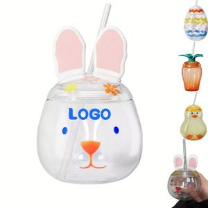 Vaso de Agua Personalizado con Logotipo, PET 500ml, Reutilizable, Portátil, Transparente, con Diseño de Conejo, Rábano, Huevo de Pascua y Pato, con Tapa y Pajita, para Fiestas - Product Image 1