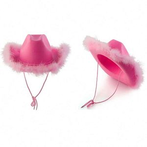 Nouveaux chapeaux de cowgirl roses de style occidental unisexes, chapeau Fedora à bord roulé avec bordure en plumes pour festival, fête, pêche, au design féminin - Product Image 2