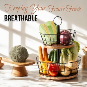 Double Layer Iron <b>Storage</b> <b>Basket</b> 12+10 Inch <b>Large</b> Capacity Kitchen Fruit Vegetable Holder Round Standing Type - Product Image 5