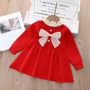 winter fall red bow toddler baby sweater dress for girls pullover long sleeve wholesale children's clothing tz01