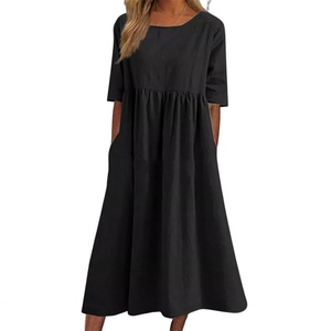 Vestido de Lino para Mujer de Alta Calidad OEM, Venta al Por Mayor, Estilo Casual, Largo Midi, con Cuello, Manga Corta, Cintura Natural, Color Sólido - Product Image 6