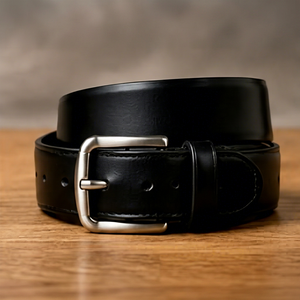 Ceinture en cuir véritable noire unie avec boucle ardillon rectangulaire en cuivre, formelle et durable pour homme - Product Image 1