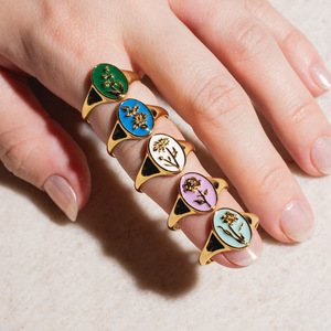 Bagues ovales <span class=keywords><strong>en</strong></span> émail coloré style europé<span class=keywords><strong>en</strong></span> et américain pour femmes, bagues ouvertes dorées <span class=keywords><strong>à</strong></span> motif floral émaillé - Product Image 3