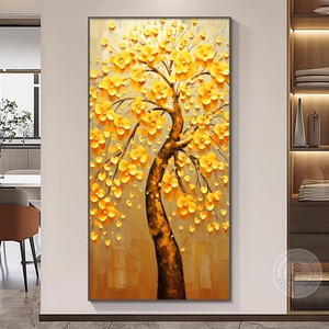 Cuadro Decorativo de Pared con Diseño de Árbol del Dinero, Pintura al Óleo sobre Lienzo, Marco Negro Rectangular, Estilo Chino Moderno, Decoración para Entrada o Puerta - Product Image 2