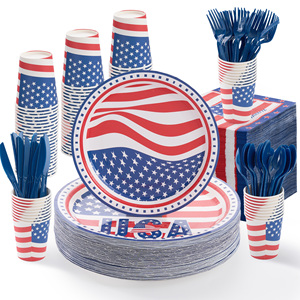 350Pcs USA Flag Eco-Friendly PET Disposable <b>Dinnerware</b> <b>Set</b> for 50 Guests Patriotic Plates Cups Napkins for 4th of July Party - Product Image 1