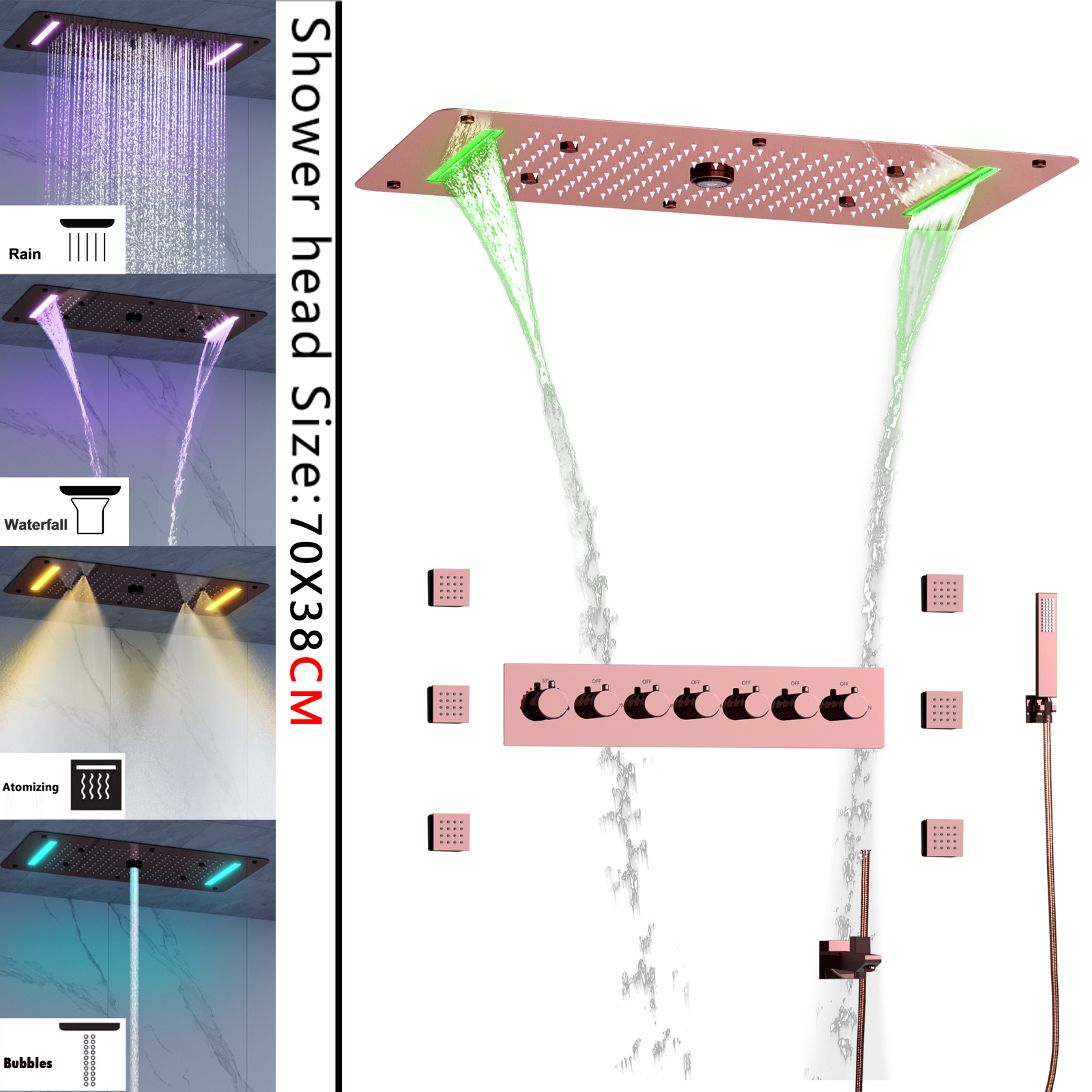 Rose Gold SUS304 28*15 Inch LED Ceiling Shower Head Large Waterfall ...