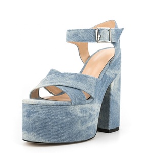 15CM High Chunky Heels Thick Platform Women's Denim Sandals Square Open Toe Cross Strap Girl Blue Summer <b>Shoes</b> - Product Image 5