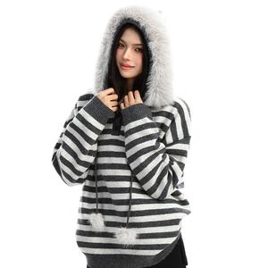 Fabricant de vêtements personnalisé mode coréenne <span class=keywords><strong>Vintage</strong></span> pulls à capuche à rayures lâches col en fourrure à manches longues pulls punk - Product Image 5