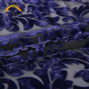 HEJIN Custom elegante Burnout tinto in poliestere di lusso blu scuro in velluto Jacquard stampato in tessuto per abbigliamento