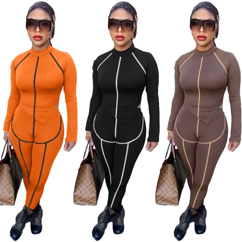 Sexy Striped Two Piece Set Asymmetrical Zip Up Tops Fitness Pants Festival Outfits for Women Club Party Matching Sets