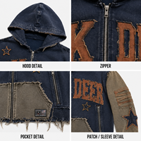 Jaket Hoodie IKDEER Custom Cropped Zip dengan Aplikasi Kain Berumbai Raw Frayed Edge dan Patchwork Multi Tone untuk Pemotretan Video Gaya Retro Street