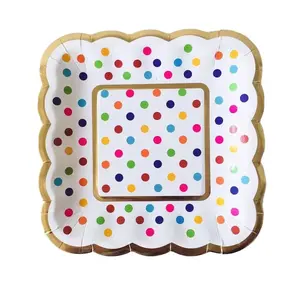 彩色圆点纸派对盘子散装方形一次性甜点盘子生日派对婚礼生活装饰餐具