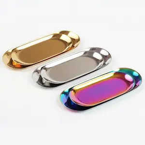 high quality custom logo Gold oval plate storage tray stainless steel metal snack tray golden rolling tray