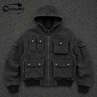 Blouson Bomber Homme en Jean Cargo Long à Capuche, Style Vintage Oversize, Noir Délavé, avec Poches et Fermeture Éclair, Streetwear
