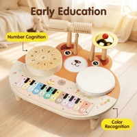 Ensemble d'instruments de musique en bois naturel sûr pour tout-petits, table de jeu de percussion 5-en-1 avec piano, hochet, tambours et cymbales, jouet sensoriel